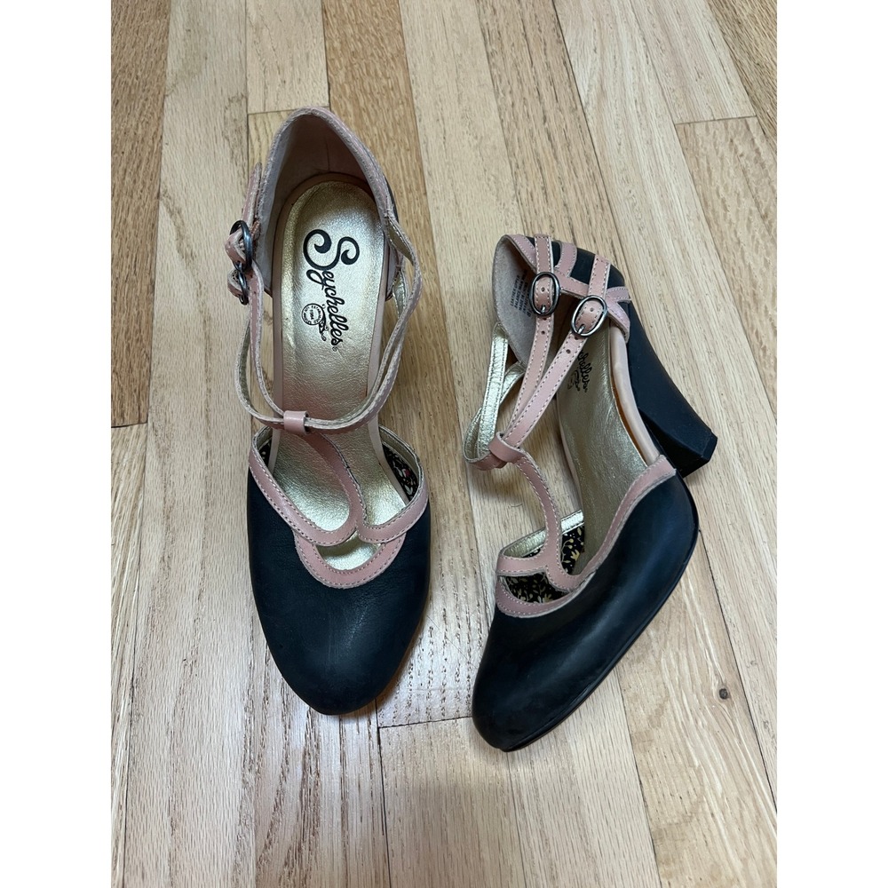 Seychelles T-Strap Block Heels Women 8.5 Black Pink